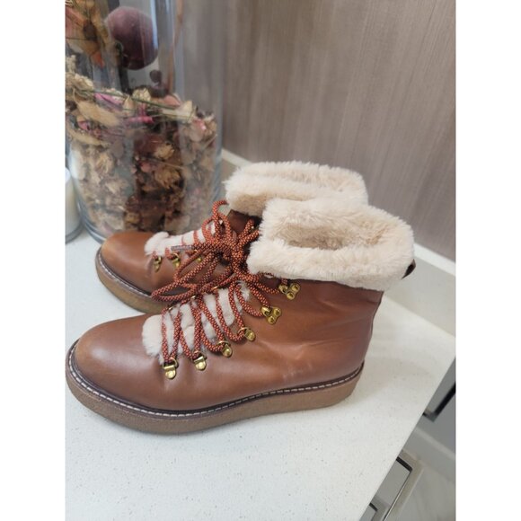 J Crew Women’s Brown Leather Faux Fur Nordic Winter Boots Crepe Soles Sz 8 - Picture 2 of 8